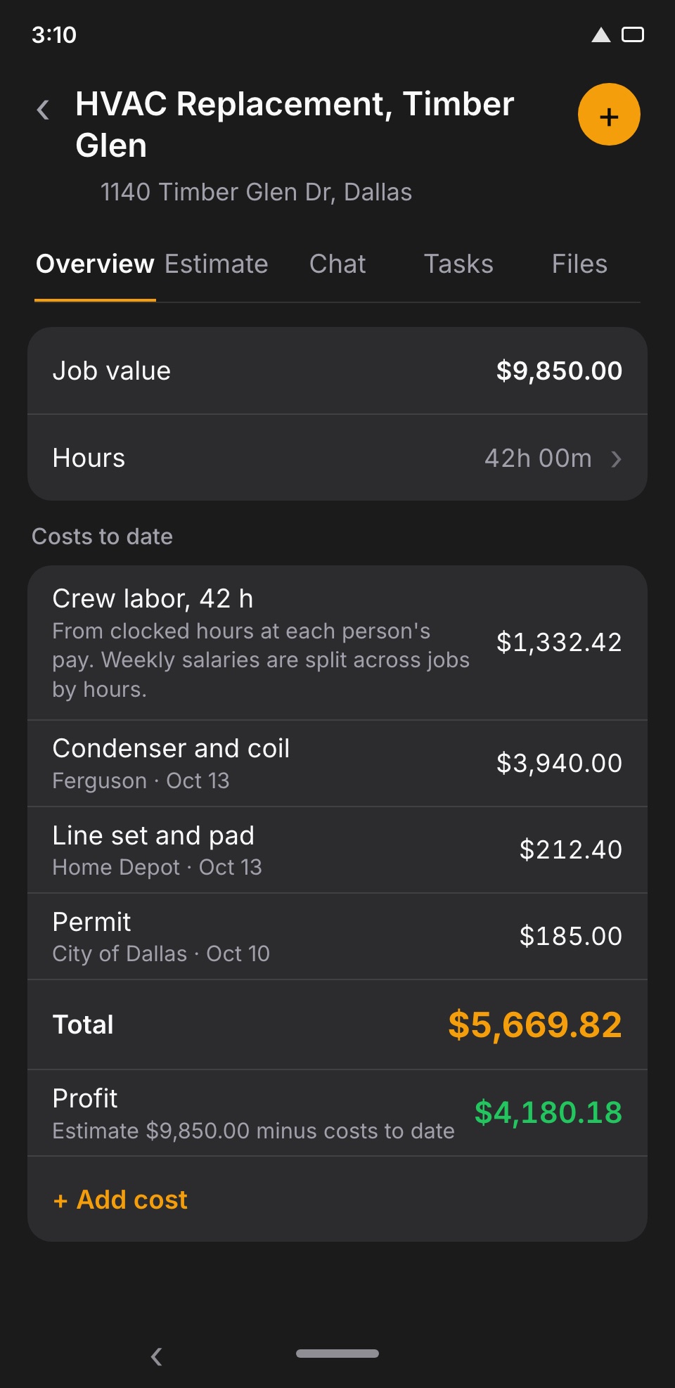 A job's costs: crew labor from clocked hours next to the receipts, and profit so far