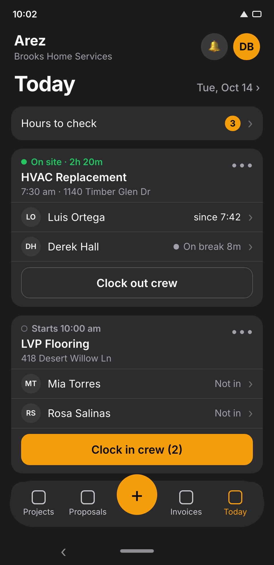 The Today screen: two visits, each with one button to clock the crew in or out
