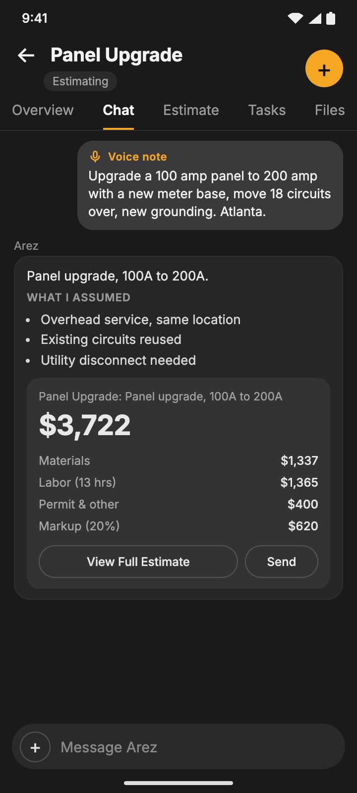 An example electrical estimate in the Arez chat, total $3,722
