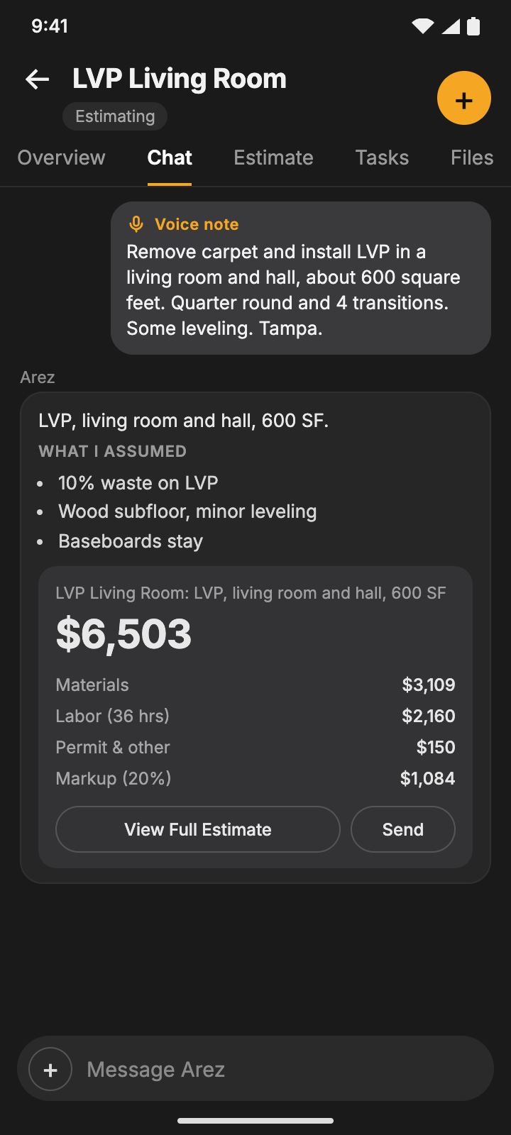An example flooring estimate in the Arez chat, total $6,503