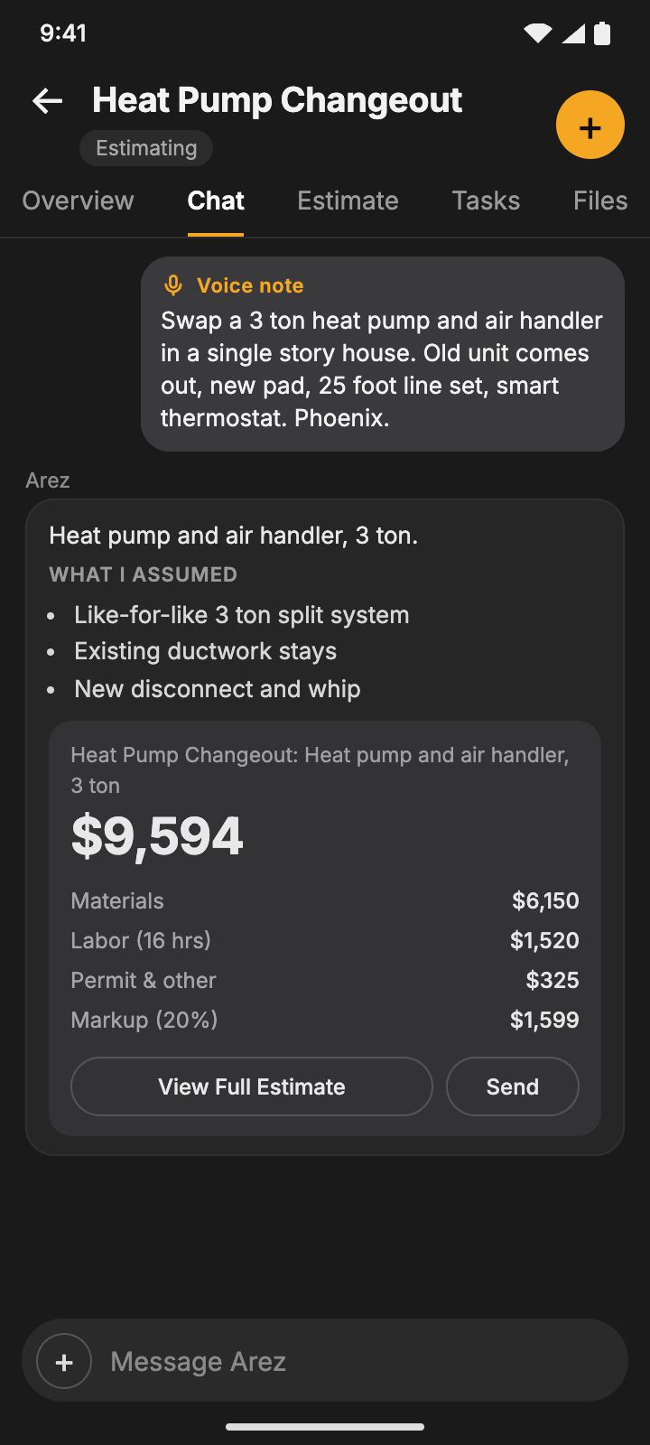 An example HVAC estimate in the Arez chat, total $9,594