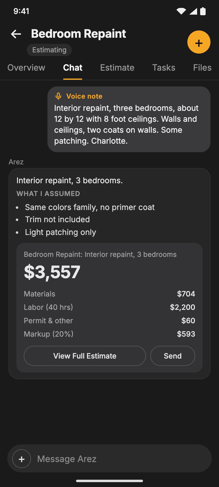 An example painting estimate in the Arez chat, total $3,557