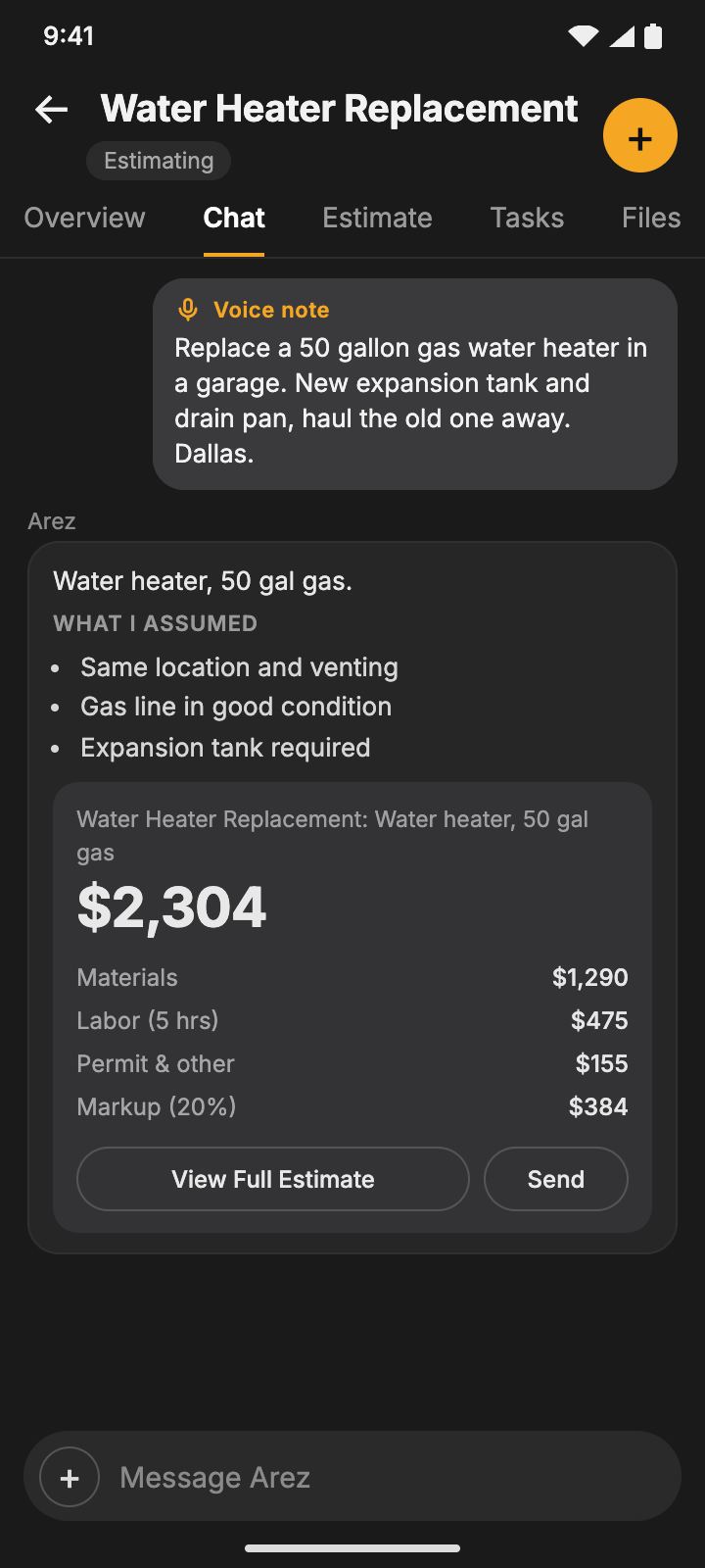 An example plumbing estimate in the Arez chat, total $2,304
