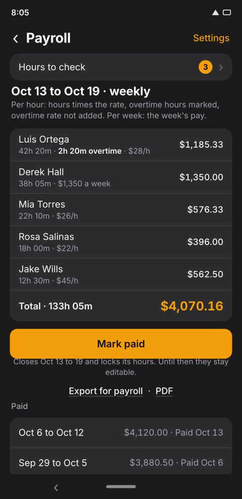 The Arez pay sheet with crew hours and totals