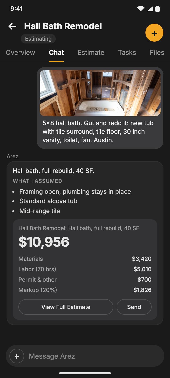 An example remodeling estimate in the Arez chat, total $10,956