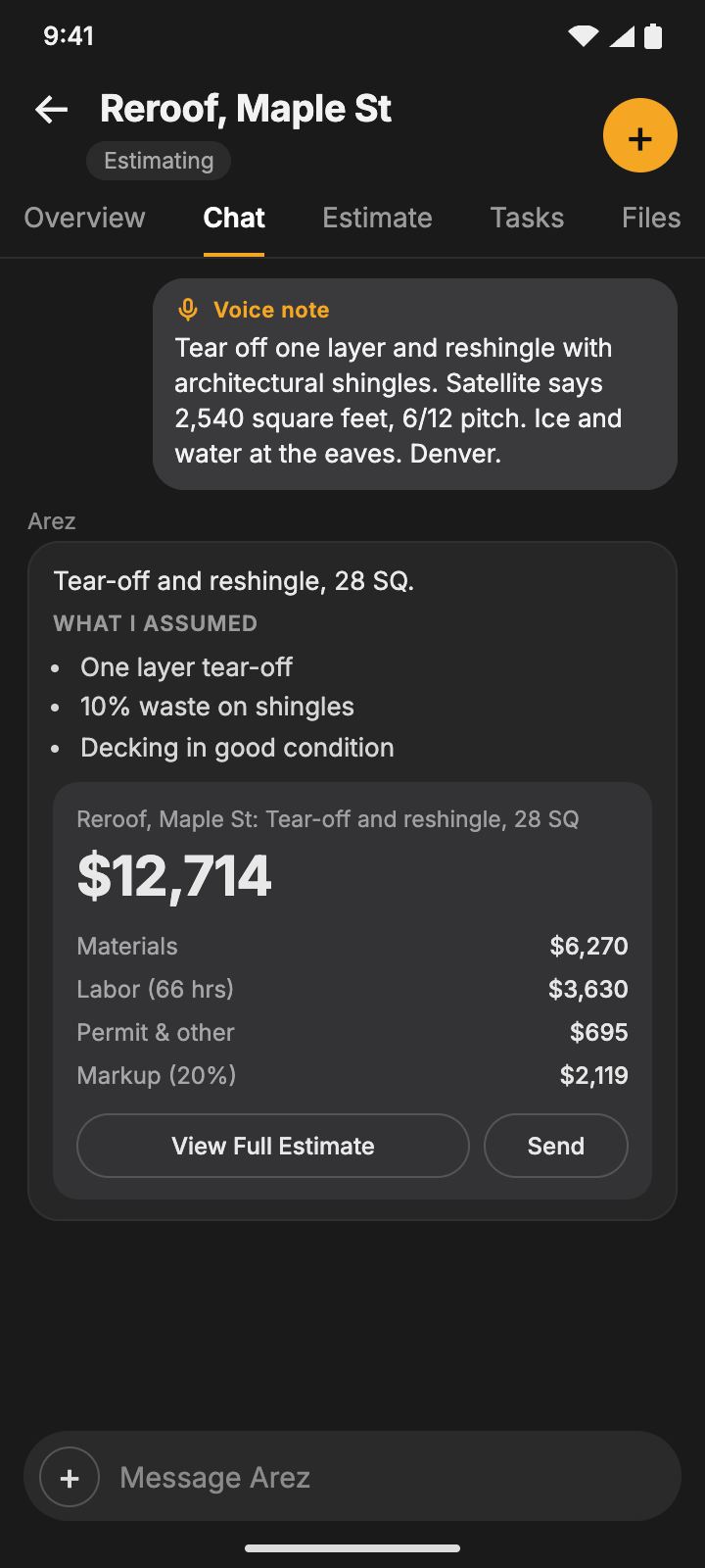 An example roofing estimate in the Arez chat, total $12,714